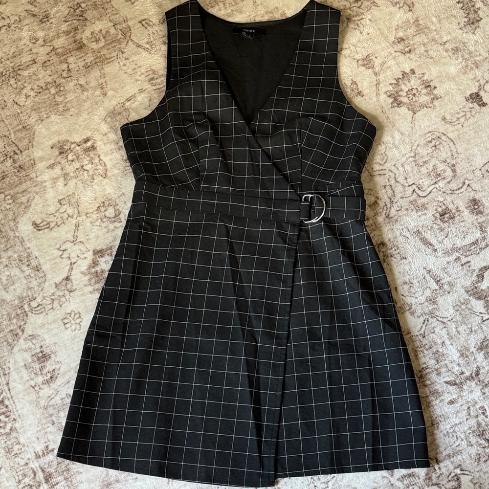 Black Checkered Sleeveless Wrap Dress